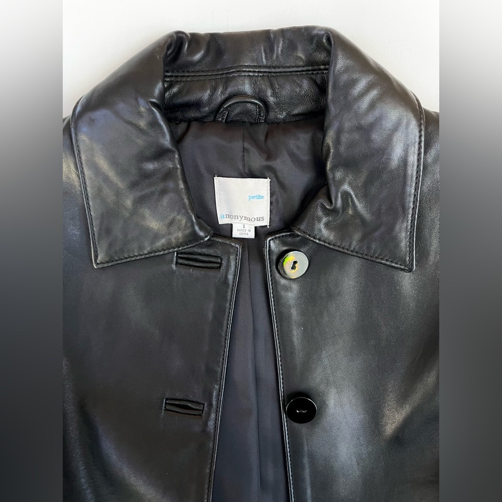 Y2K Black Leather Jacket Womens Petite S Button Front Soft Minimalist - Picture 3 of 5